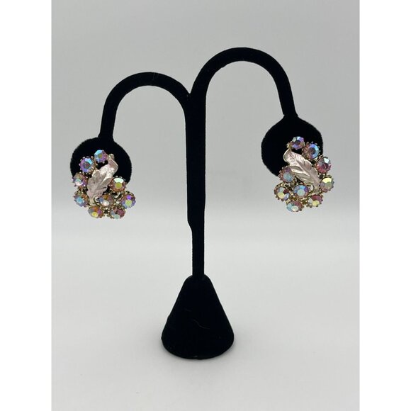 Aurora Borealis Flower Gold Tone Leaf Clip Earrings Necklace Set - Picture 2 of 16